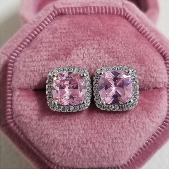 Swarovski Elements 925 Sterling Silver Pink Cushion Halo Solitaire Earrings NWT - Picture 3 of 9